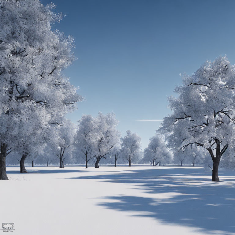 Snow-covered trees in serene winter landscape under clear blue sky