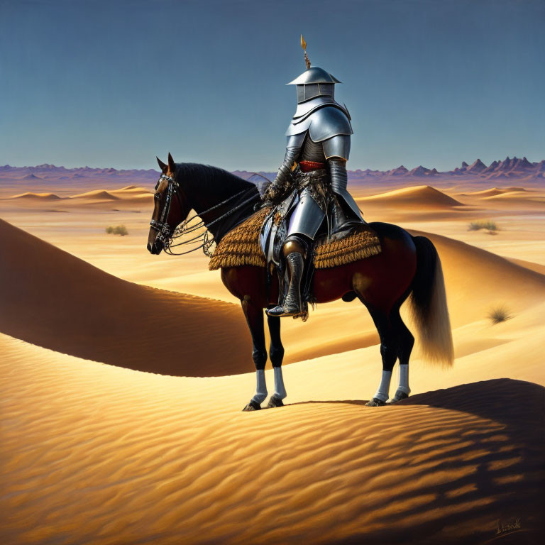 Knight in Full Armor on Horseback in Desert Landscape