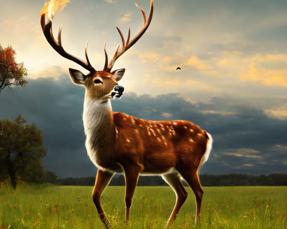 Majestic deer with blazing antlers in field at sunset