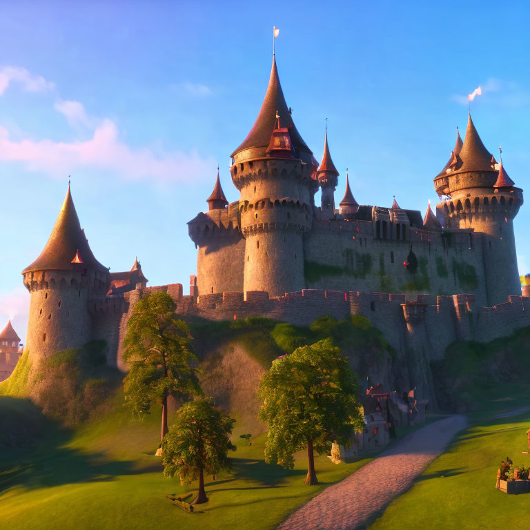 Majestic castle with spires at sunset on hilltop.