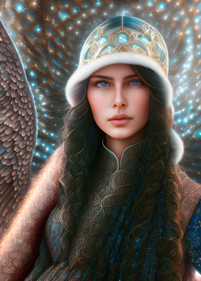 Digital portrait of woman with blue eyes and dark hair in ornate helmet and fur-lined cloak against glowing