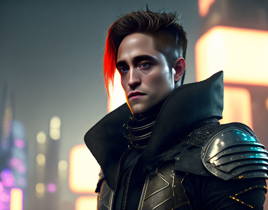 Red-Streaked Hair Figure in Futuristic Armor Amid Neon Cityscape