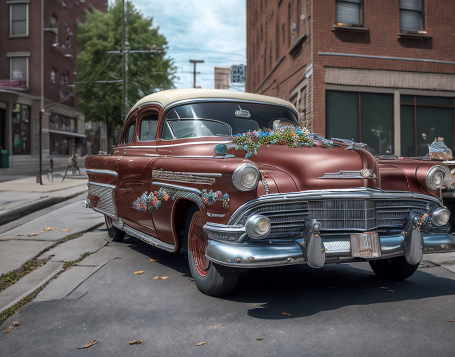 Classic Brown Car with Chrome and Floral Decorations in City Setting