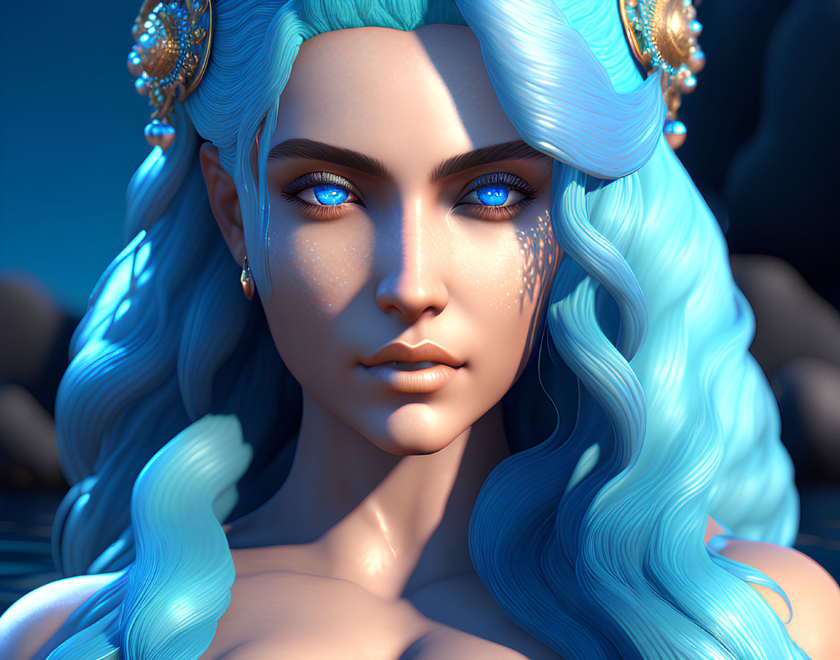 Blue-skinned female digital portrait with golden accessories on dark blue backdrop