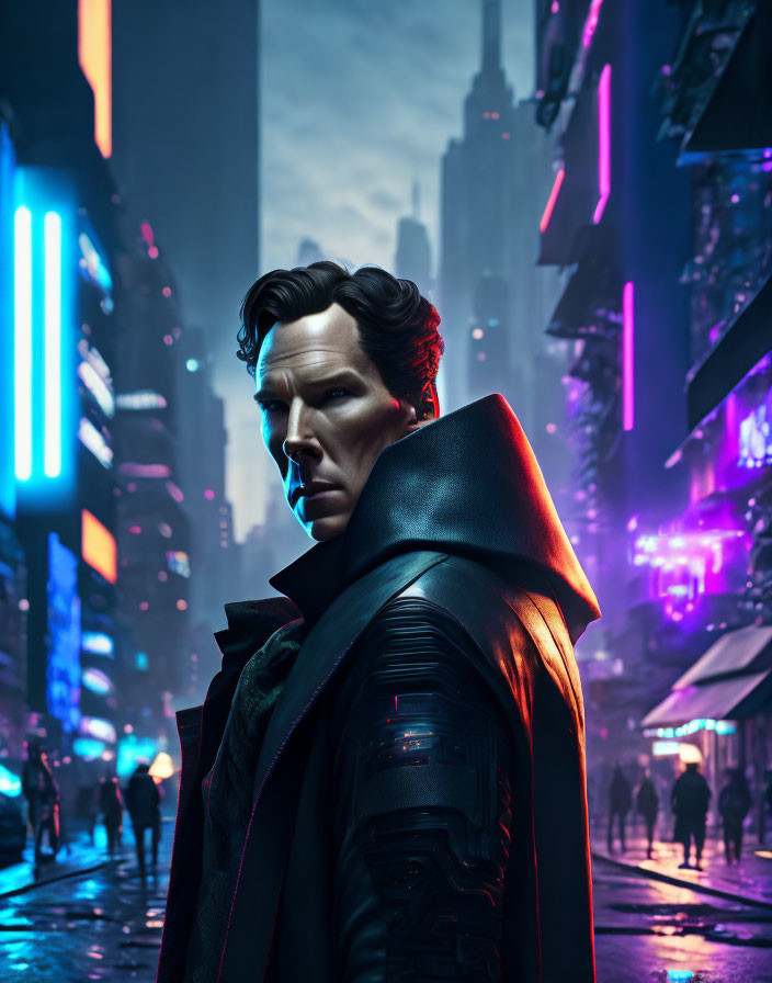 Person in Dark Cape Stands in Neon-Lit Futuristic Cityscape