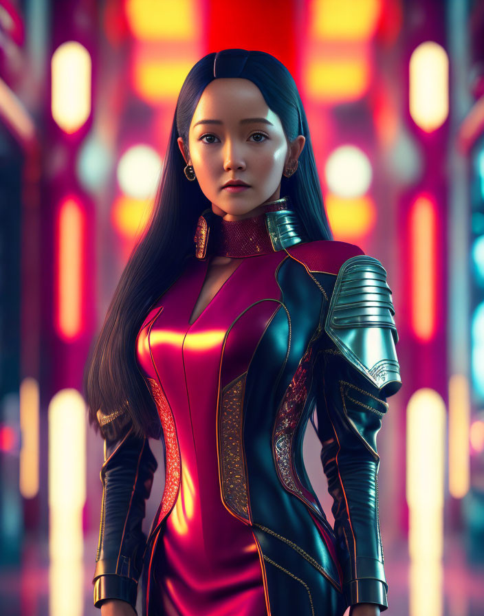 Futuristic armored woman in neon-lit corridor with confident stance