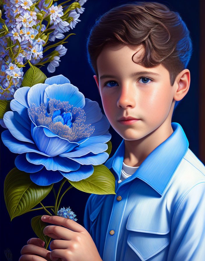 Boy with Brown Hair Holding Large Blue Flower Against Blooming Branches