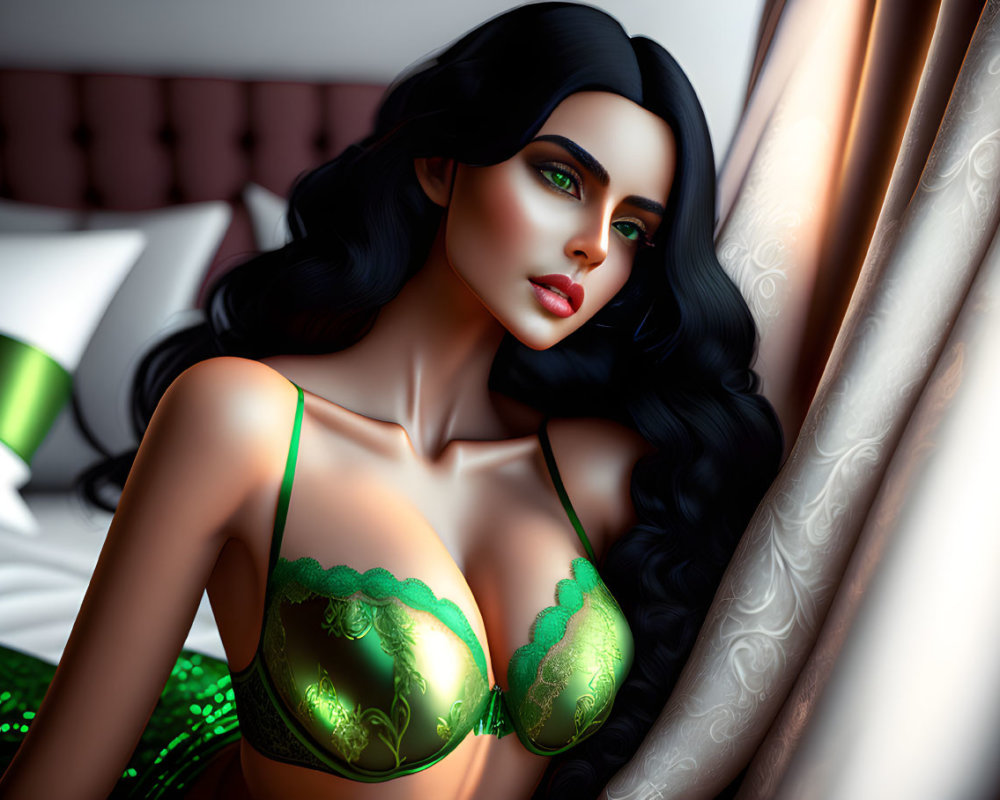 Digital artwork of woman in green lingerie on bed with dark hair and striking makeup.