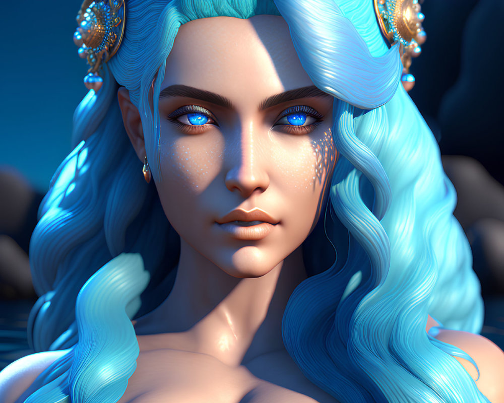 Blue-skinned female digital portrait with golden accessories on dark blue backdrop