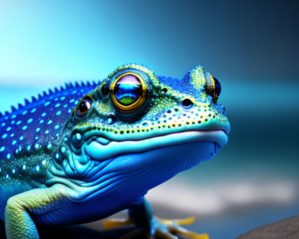 Colorful Blue Frog with Yellow Feet on Stone Against Blurred Background