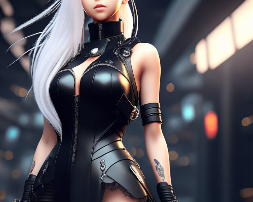 White-haired CG character in black outfit against futuristic city backdrop