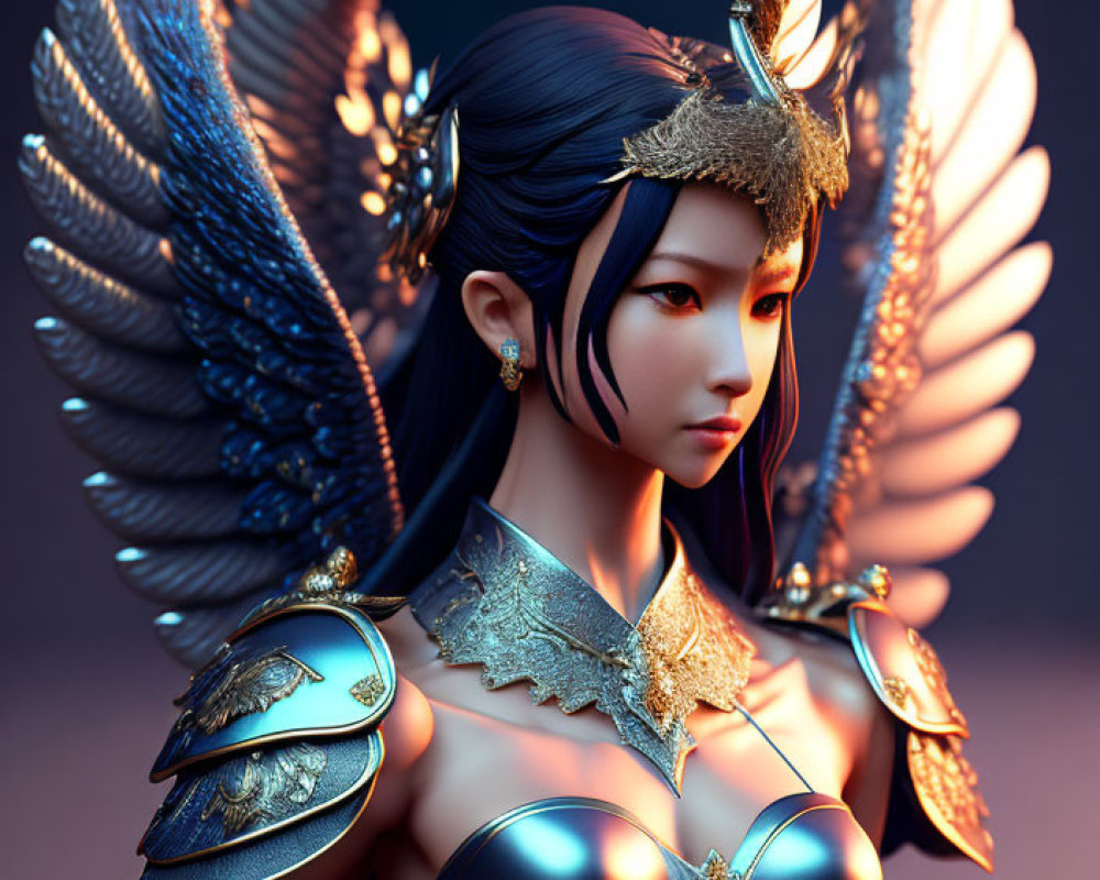 Detailed Blue and Gold Armor Woman Illustration with Wings and Antler-like Crown