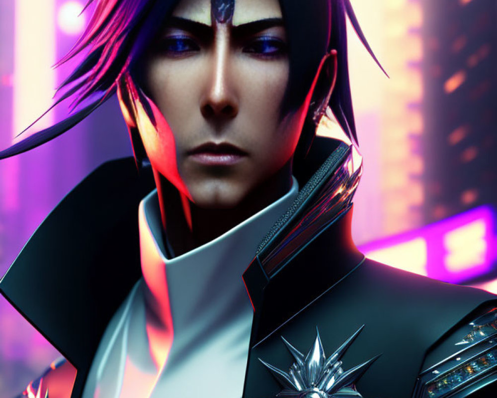 Futuristic character with purple hair and high-collared jacket