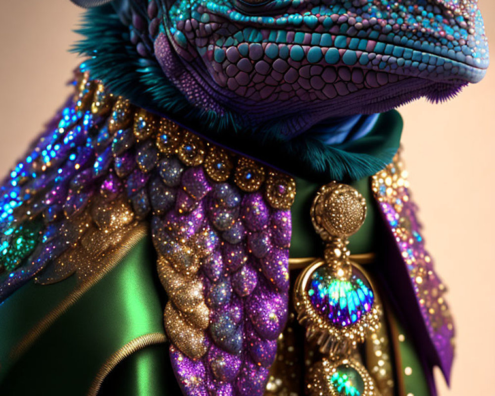 Detailed Renaissance-inspired chameleon in opulent attire.