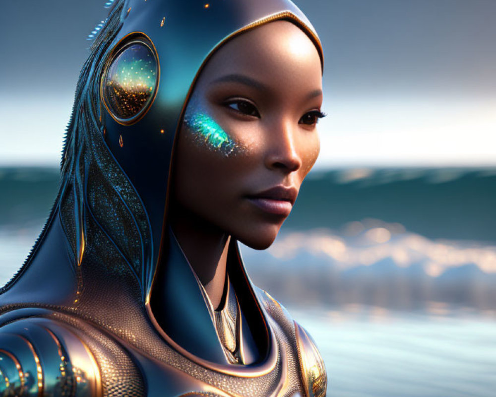 Detailed Female Android with Glowing Cybernetic Features by Sunset