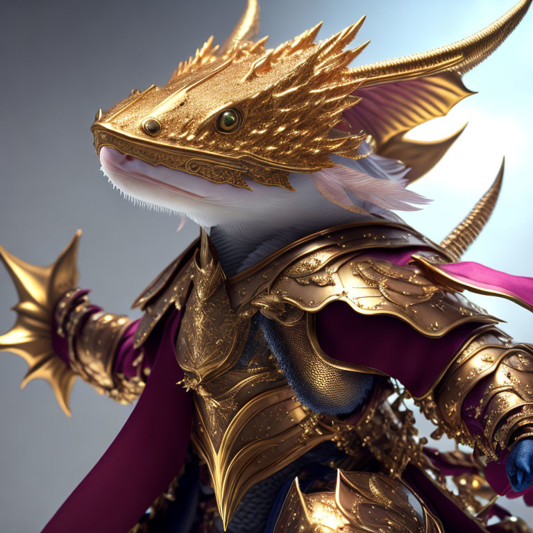 Regal bearded dragon in golden armor with purple cloak