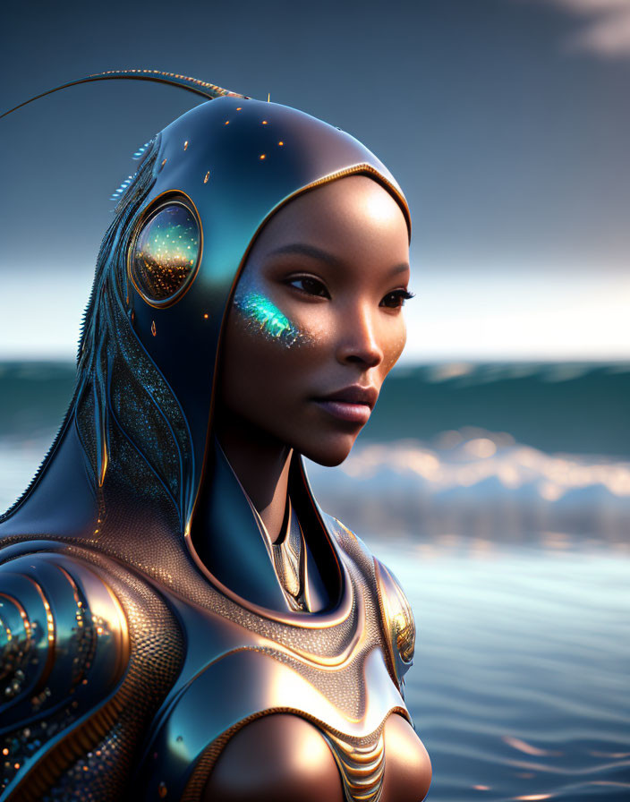 Detailed Female Android with Glowing Cybernetic Features by Sunset