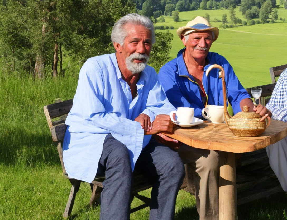 Elderly Men with White Hair Enjoying Sunny Day Outdoors