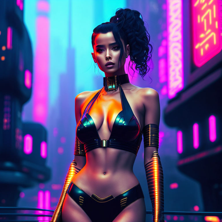 Futuristic female character with cybernetic elements in neon attire against cityscape at twilight