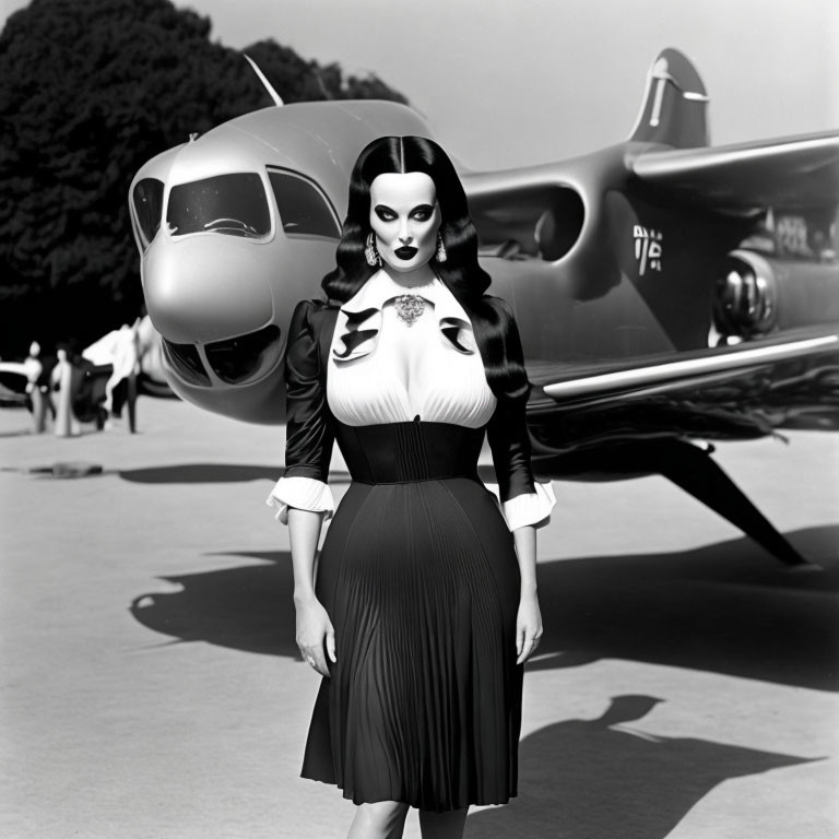 Monochrome stylized woman with exaggerated features and classic propeller aircraft