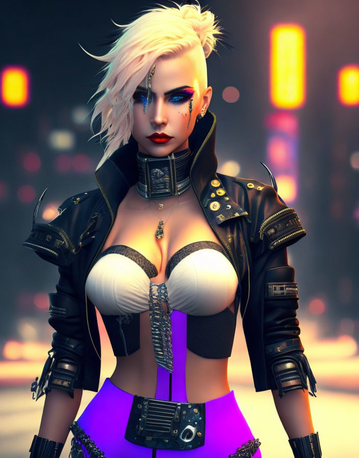 Female cyborg with white hair and punk style in neon-lit setting