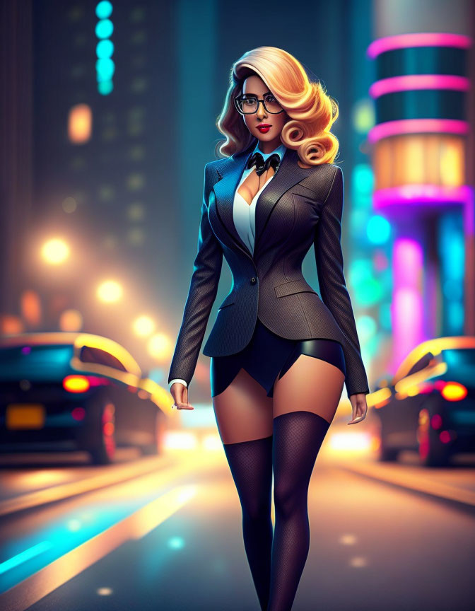 Blonde woman in glasses and suit on neon-lit city street