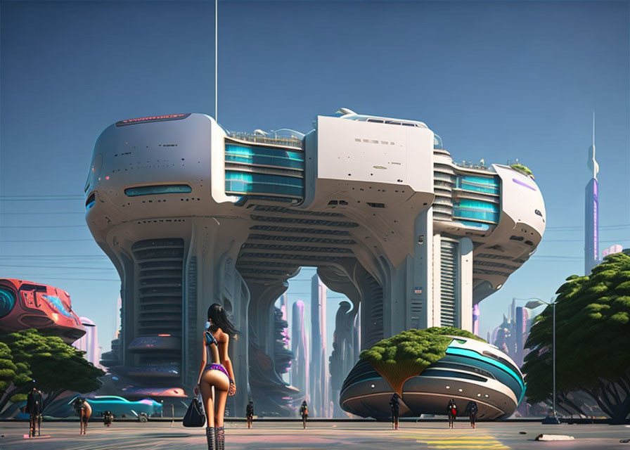 Futuristic cityscape with woman, towering buildings, and advanced vehicles.