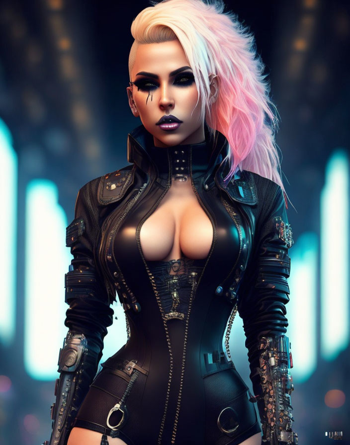 Futuristic woman with half-shaven hairstyle and pink highlights in black leather outfit.