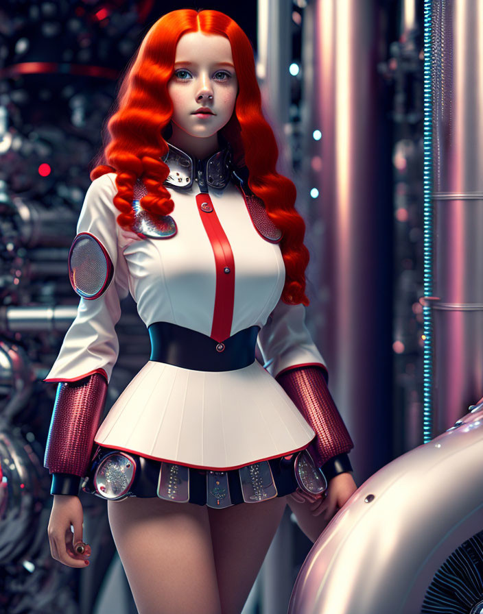 Futuristic female android with red hair and intricate white costume by complex machinery