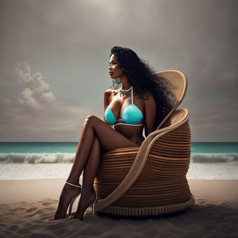 Woman in Turquoise Bikini Sitting on Wicker Chair on Sandy Beach