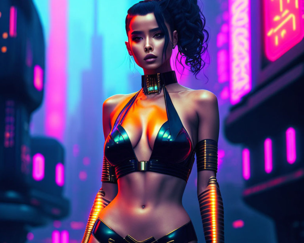 Futuristic female character with cybernetic elements in neon attire against cityscape at twilight