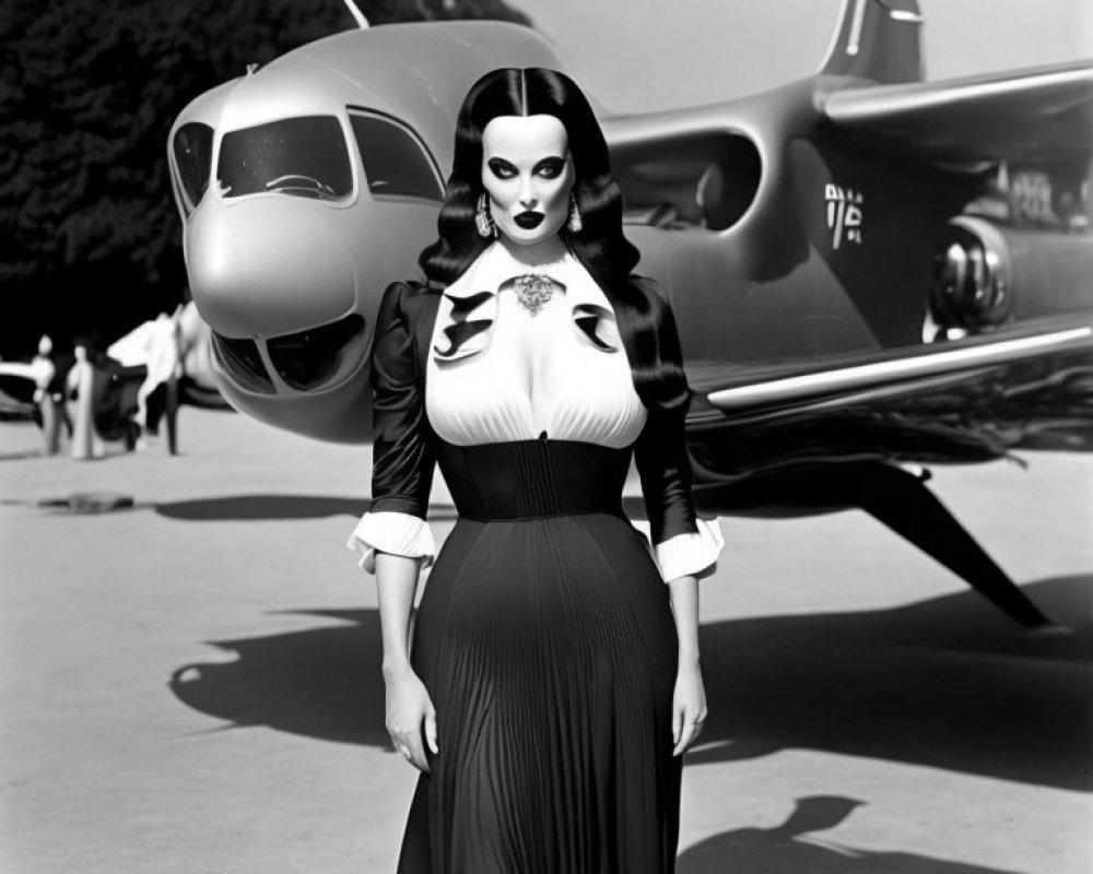 Monochrome stylized woman with exaggerated features and classic propeller aircraft