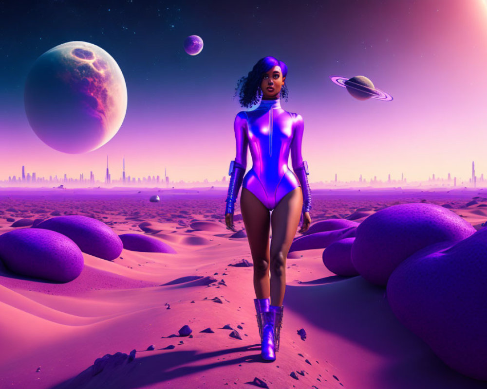 Futuristic female figure in glowing suit on purple desert with planets and city skyline.