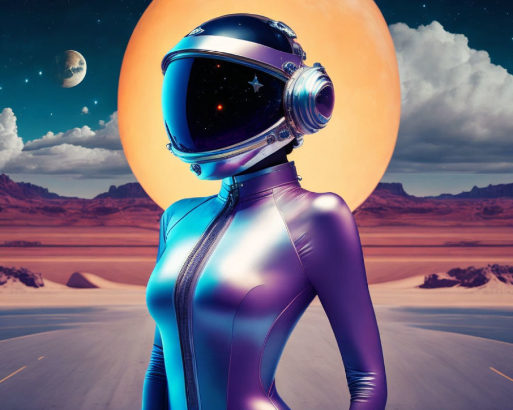 Astronaut in sleek suit gazes at moon and stars in helmet against surreal desert.