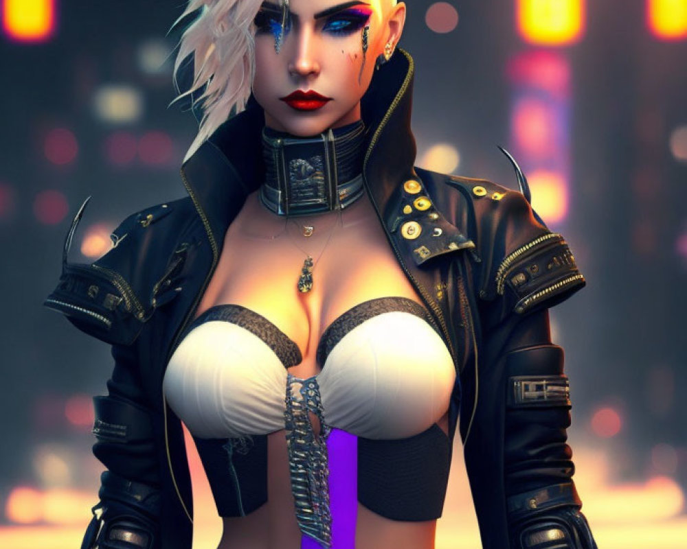 Female cyborg with white hair and punk style in neon-lit setting