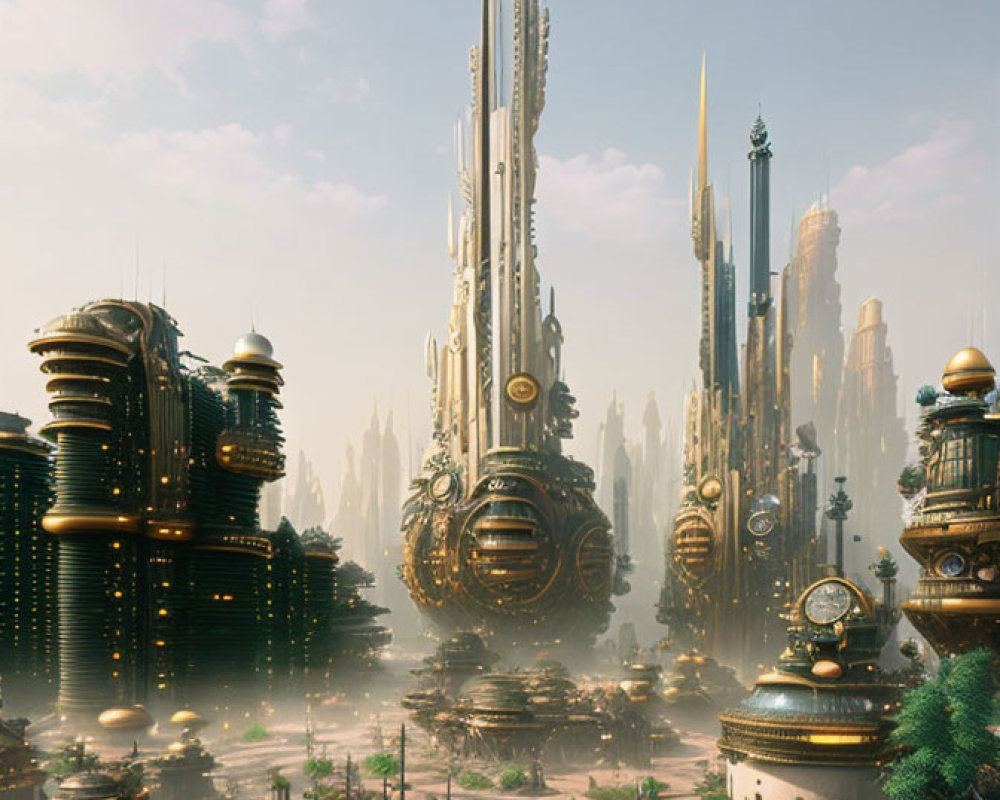 Golden skyscrapers in misty futuristic cityscape