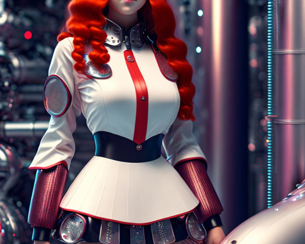 Futuristic female android with red hair and intricate white costume by complex machinery