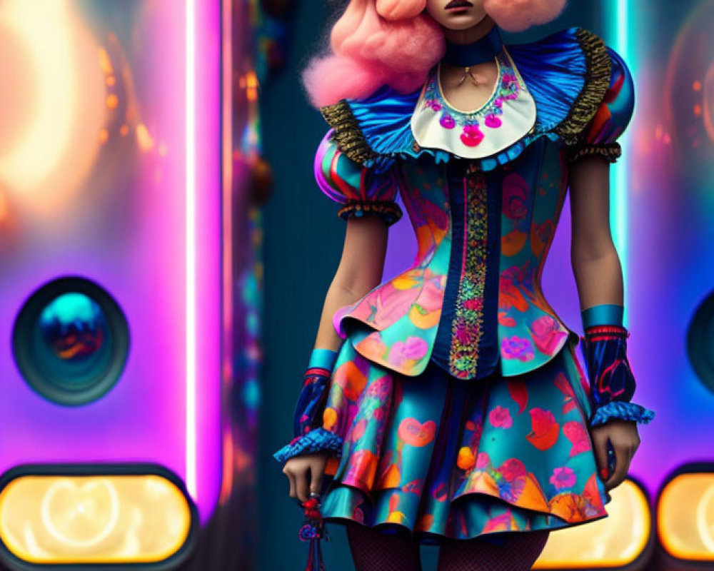 Stylized image of woman with pastel pink hair in ornate dress in surreal blue corridor