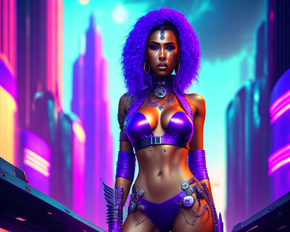 Futuristic warrior woman with purple hair in cybernetic armor against neon cityscape