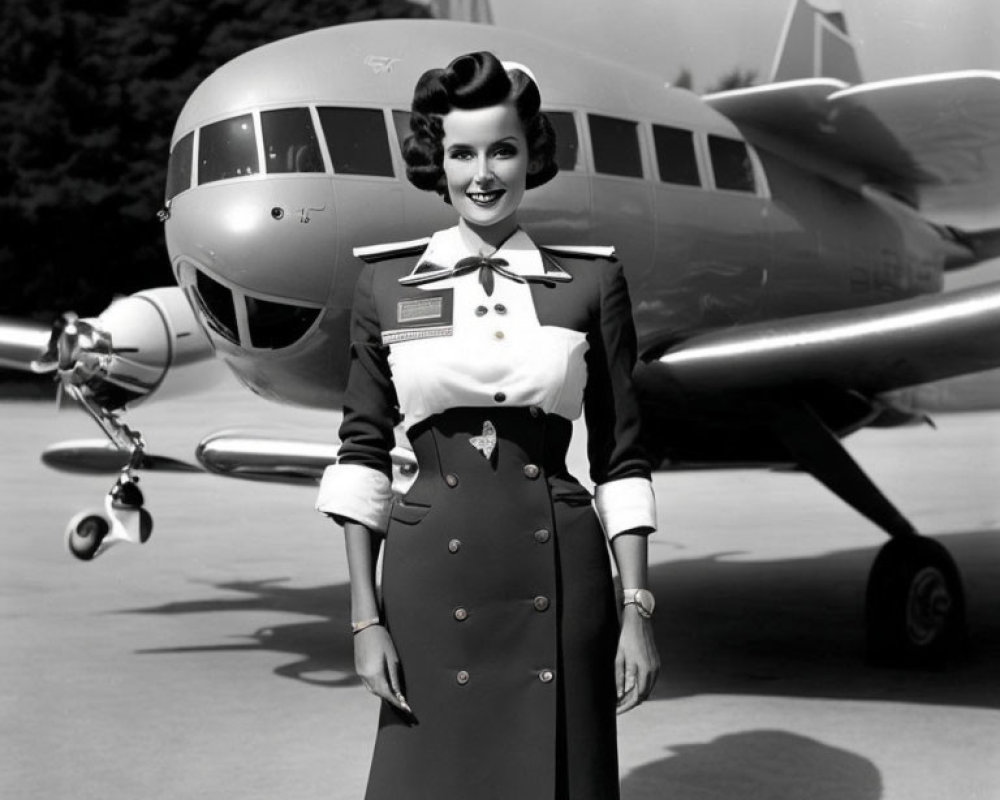 Vintage black and white photo of smiling flight attendant by airplane