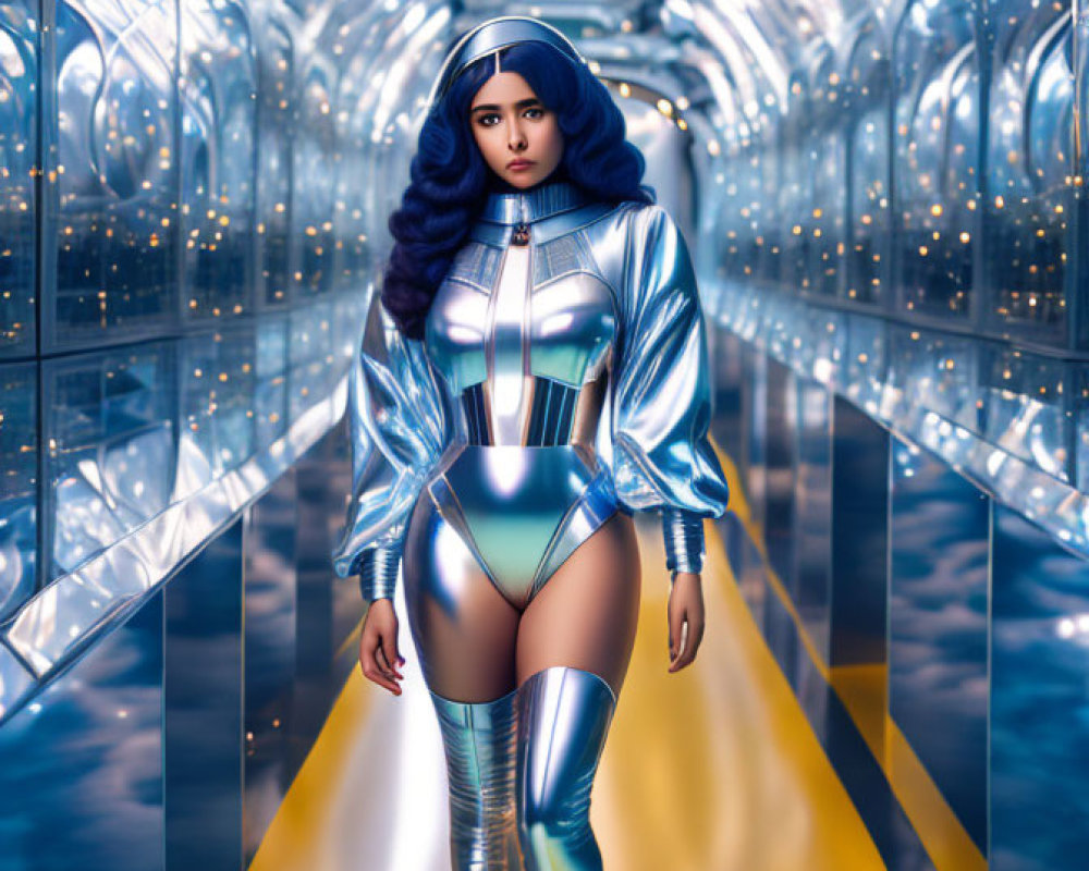 Futuristic woman in silver outfit in reflective corridor