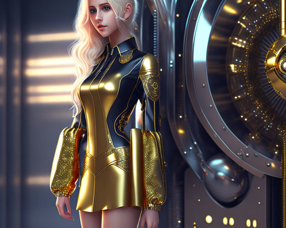 Platinum blonde 3D character in futuristic black and gold outfit beside glowing vault structure