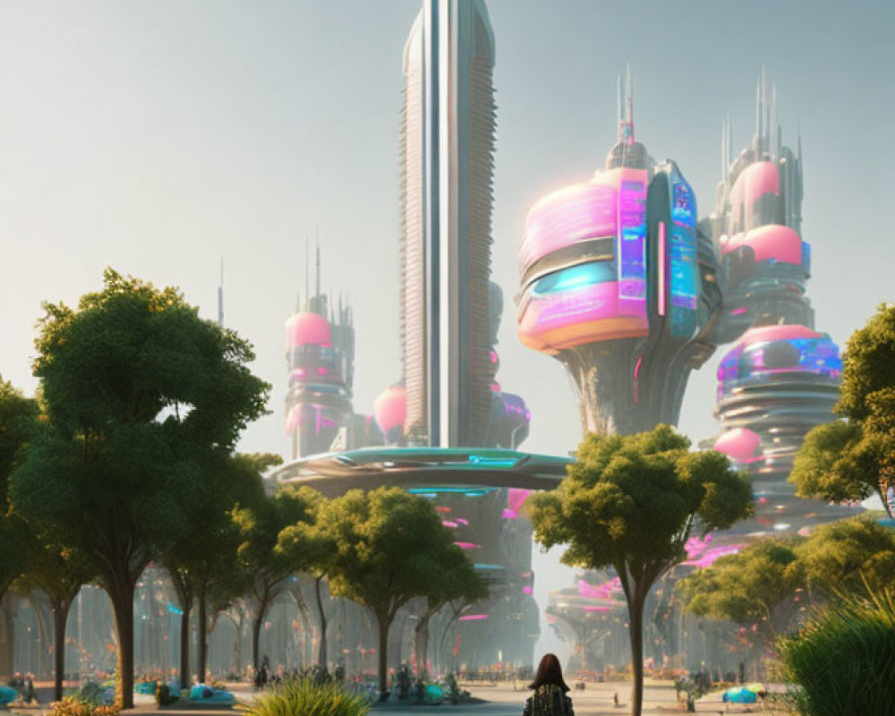 Futuristic cityscape with skyscrapers, neon signs, park, and observer