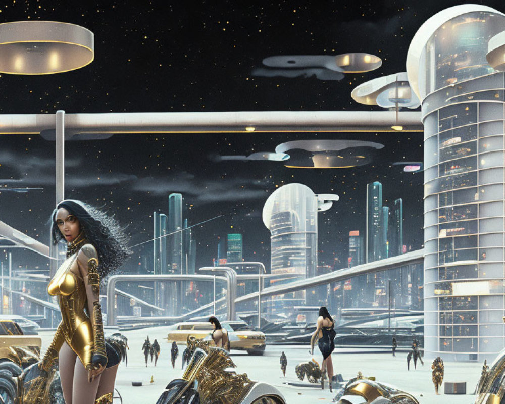 Futuristic cityscape with sleek buildings and flying vehicles featuring a woman in a golden suit