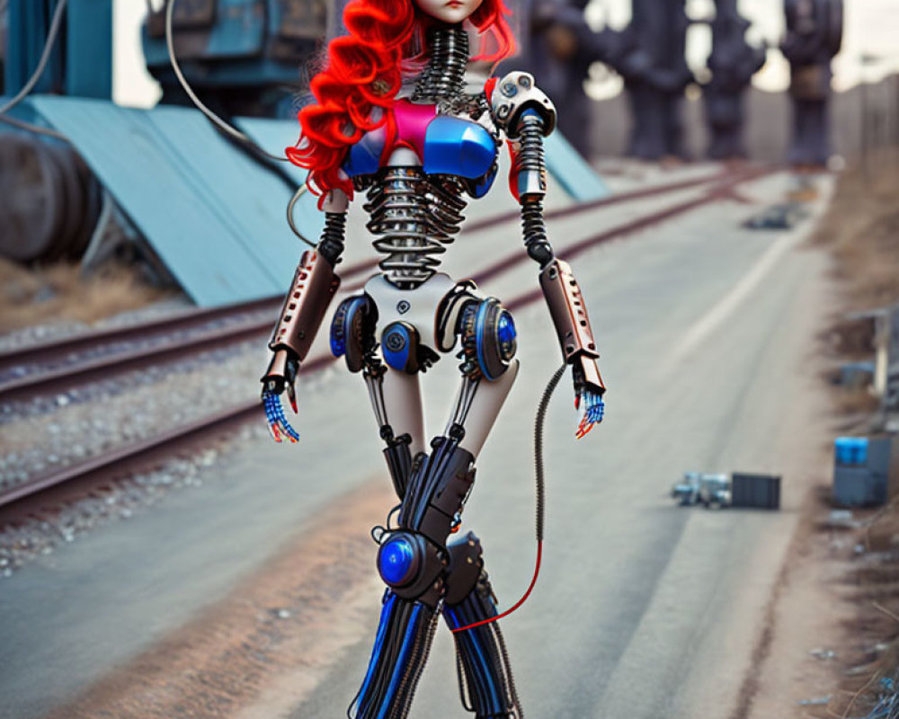 Detailed humanoid female robot with red hair on industrial railway track