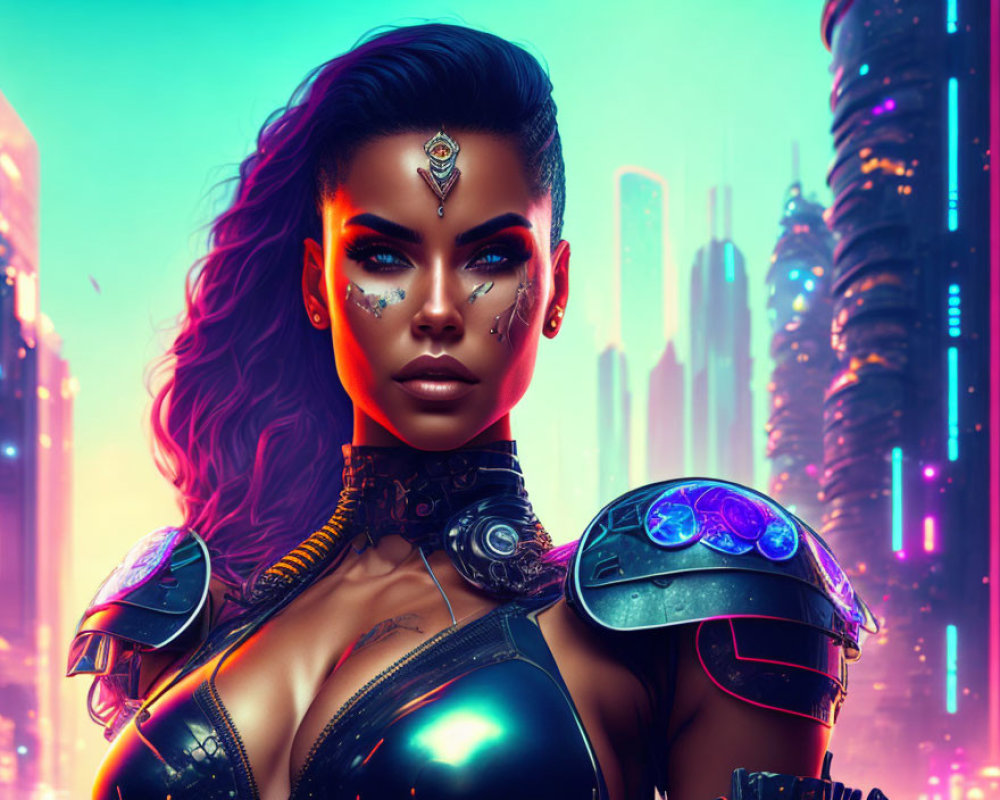 Futuristic cyberpunk woman with vibrant makeup and high-tech armor in neon-lit cityscape