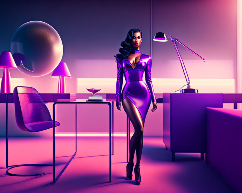 Futuristic purple dress woman in modern room with desk