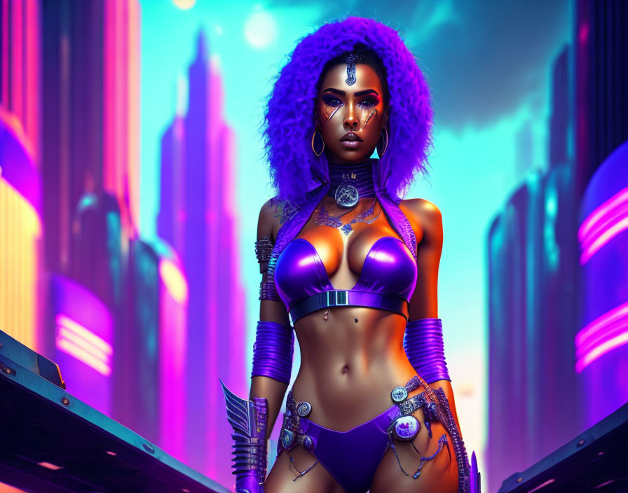 Futuristic warrior woman with purple hair in cybernetic armor against neon cityscape