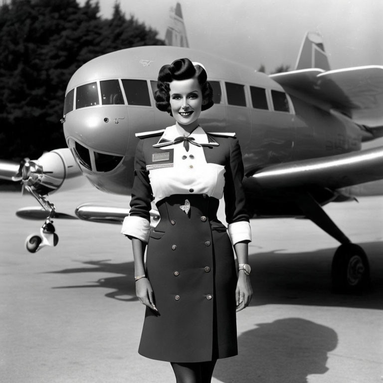 Vintage black and white photo of smiling flight attendant by airplane