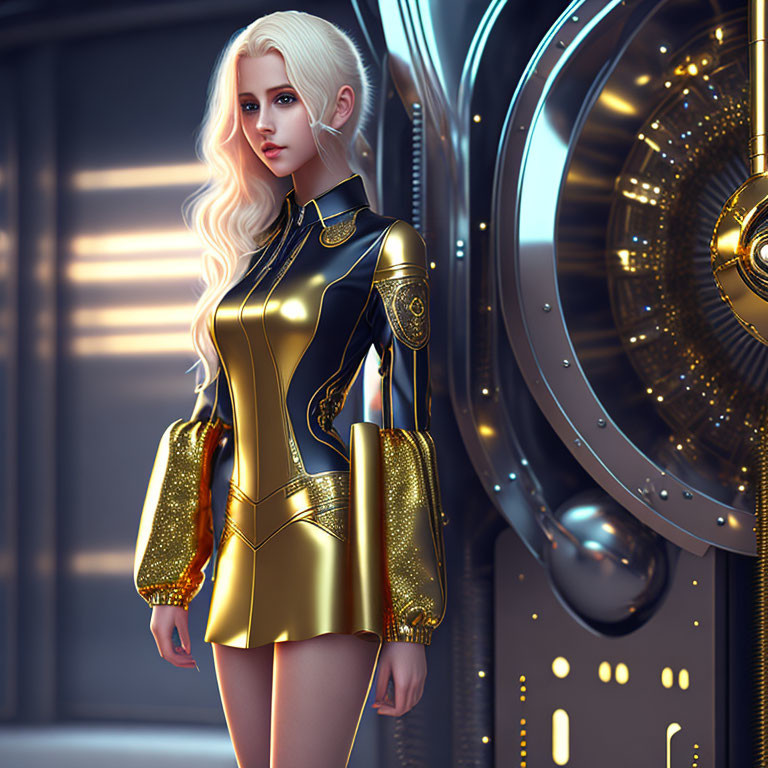 Platinum blonde 3D character in futuristic black and gold outfit beside glowing vault structure